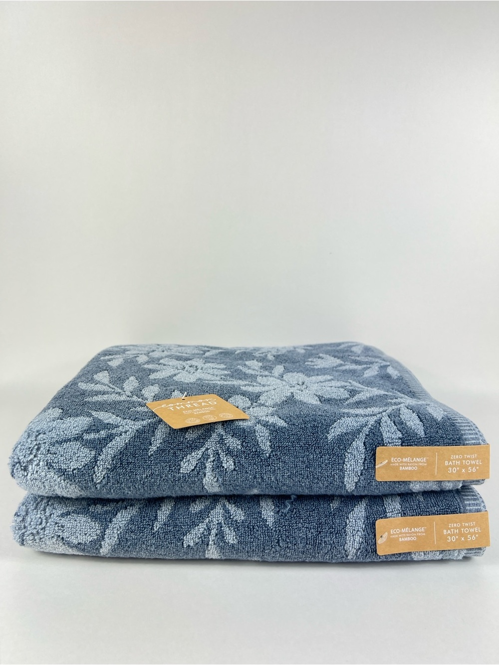 Common Thread Bamboo Bath Towels Eco Melange Blue Floral Soft Cotton 2 Pc NEW